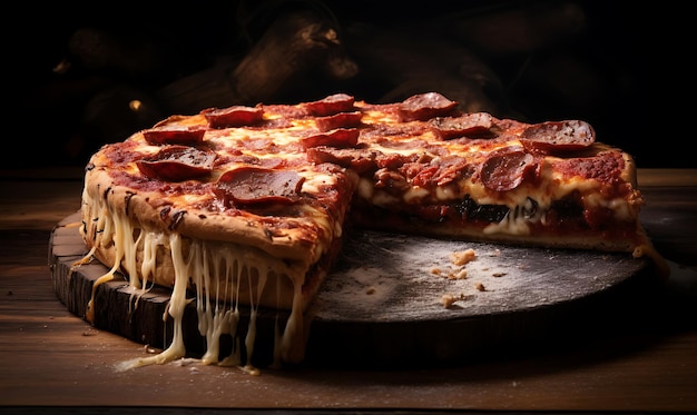 Pizza fica em um prato em cima de uma mesa de madeira