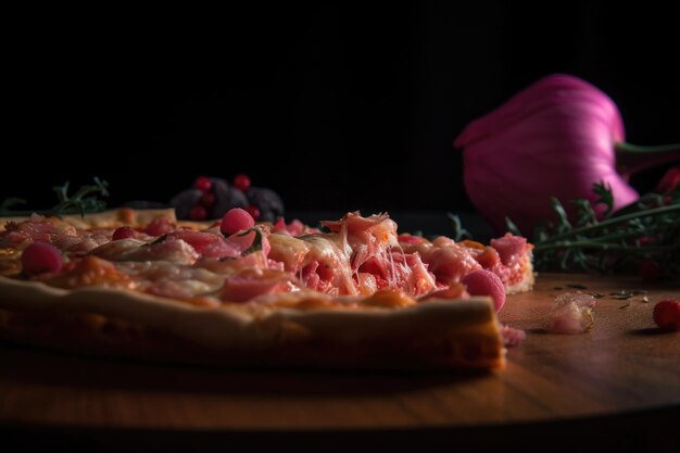 Una pizza con una flor rosa al lado.