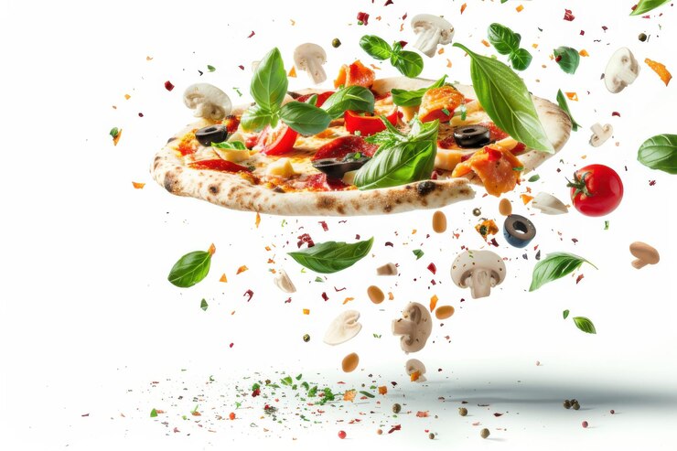 Pizza flotante con verduras frescas y ingredientes en el aire creando una escena culinaria dinámica y colorida