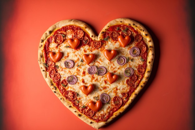 Pizza con un fondo rojo y un concepto de amor apasionado del Día de San Valentín en forma de corazón