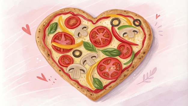Pizza en forma de corazón adornada con verduras frescas