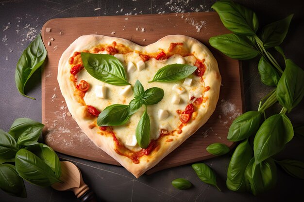 Pizza en forma de corazón con albahaca fresca y queso mozzarella