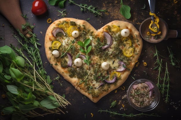 Pizza en forma de corazón con un chorrito de aceite de oliva y una pizca de hierbas frescas creada con ai generativo