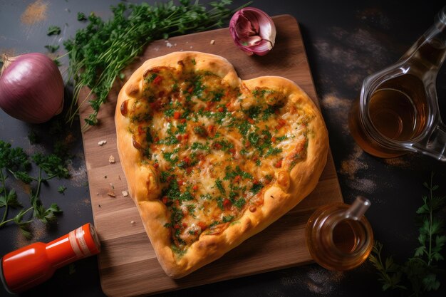 Pizza en forma de corazón con un chorrito de aceite de oliva y una pizca de hierbas frescas