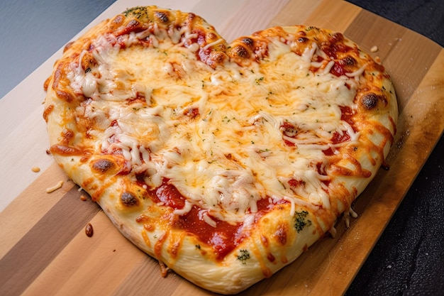 Pizza en forma de corazón con un chorrito de salsa y una pizca de queso