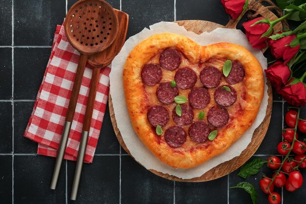 Pizza en forma de corazón del día de San Valentín con mozzarella pepperoni y botella de vino de albahaca caja de regalo de dos copas de vino sobre fondo negro Idea para una cena romántica Día de San Valentín Vista superior Maqueta