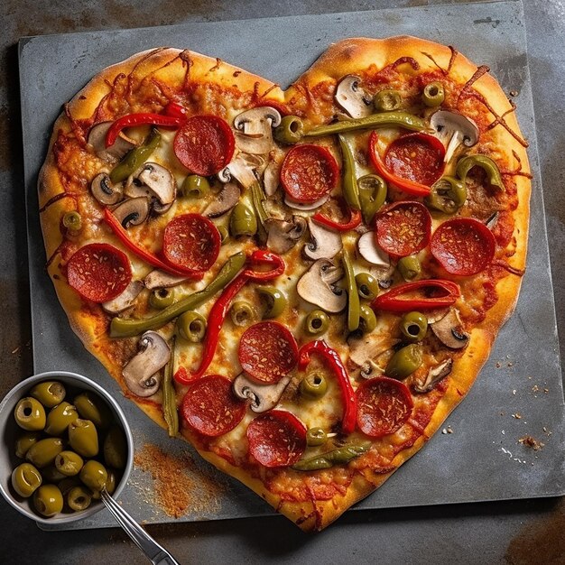 Pizza en forma de corazón para el Día de San Valentín en pizarra sobre fondo blanco.