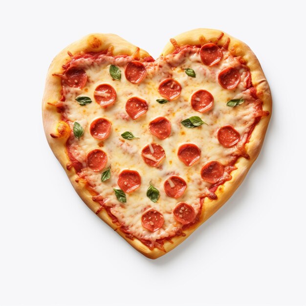 Pizza en forma de corazón para el día de San Valentín sobre un fondo blanco