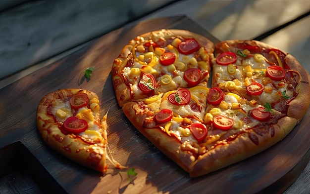 Pizza en forma de corazón en el fondo de madera foto de comida de publicidad profesional ai generada