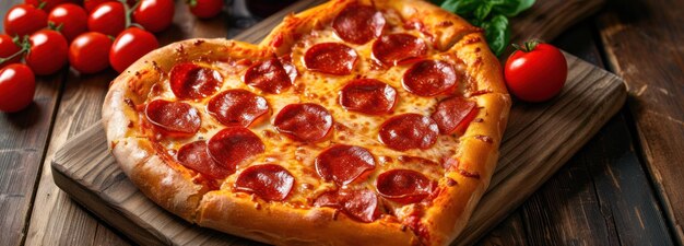 Pizza en forma de corazón con pepperoni en la tabla de cortar