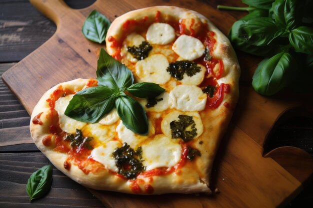 Pizza en forma de corazón rociada con aceite de oliva y cubierta con albahaca fresca