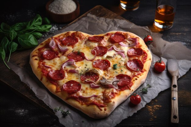 Pizza en forma de corazón con salami picante y queso mozzarella