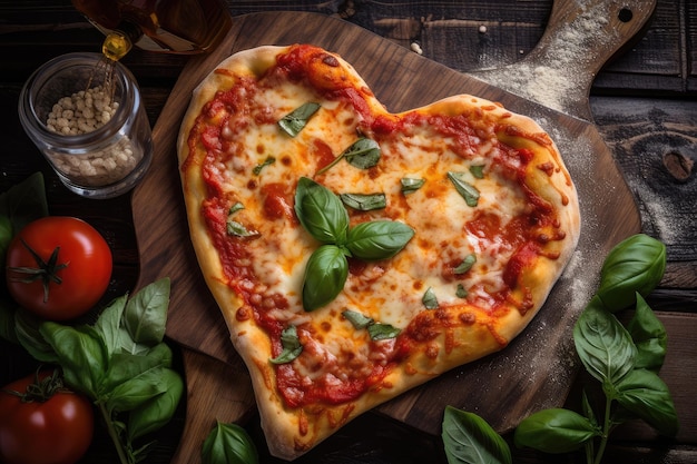 Pizza en forma de corazón con salsa de tomate clásica y queso mozzarella