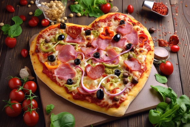 Pizza en forma de corazón con una variedad de ingredientes