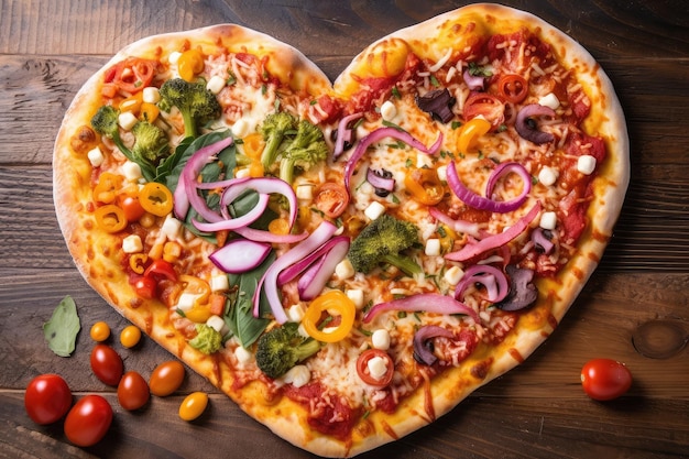 Pizza en forma de corazón con una variedad de ingredientes