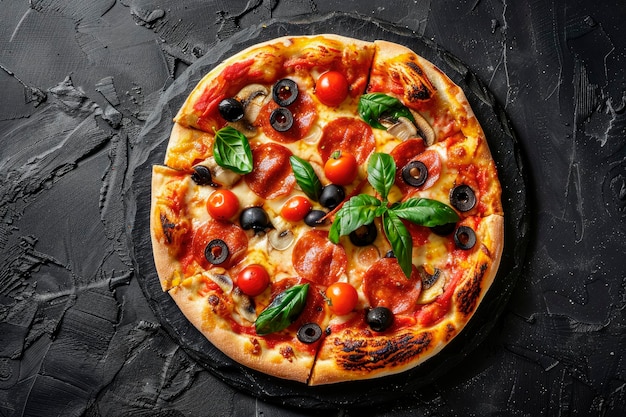 Pizza fresca con aceitunas negras, queso y tomates sobre un fondo negro