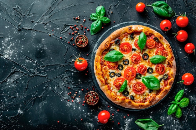 Pizza fresca com azeitonas pretas, queijo e tomates em fundo preto