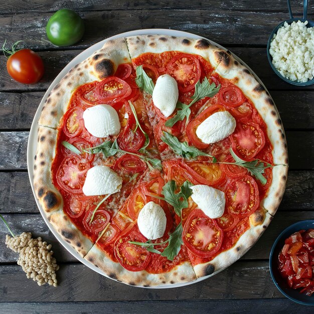 Pizza fresca de criada con tomates, rucola y queso mozzarella sobre un fondo de madera