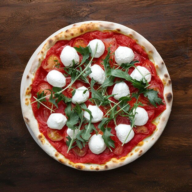 Pizza fresca de empregada doméstica com tomates, rucola e queijo mozzarella sobre um fundo de madeira