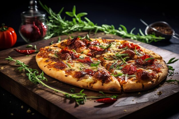 Pizza fresca con hierbas y tomates secos al sol en la mesa gris