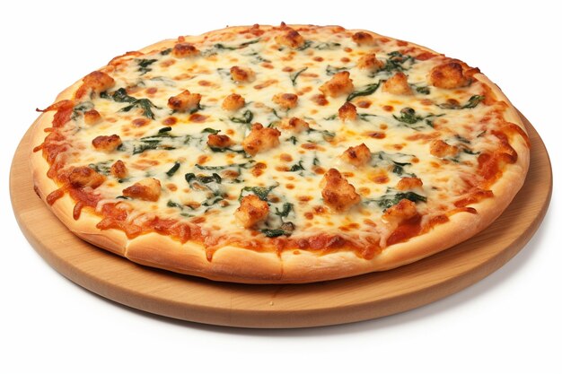 Pizza fresca y sabrosa pizza con espinaca y queso aislada sobre un fondo blanco
