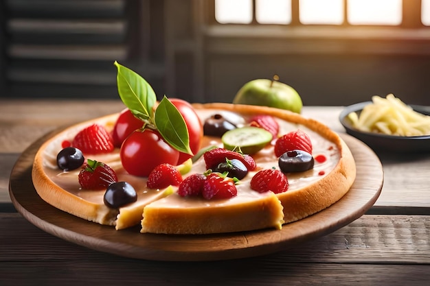 Una pizza de frutas con una rebanada sacada