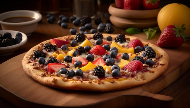 Pizza de frutos rojos frescos, indulgencia casera en una mesa rústica generada por inteligencia artificial