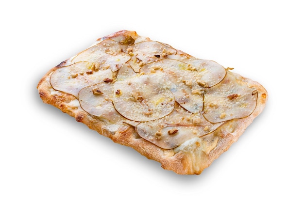 Pizza Gorgonzola mit Birne Walnüssen Syringa Sauce Trüffelöl Römische Pizza rechteckig auf weißem Hintergrund