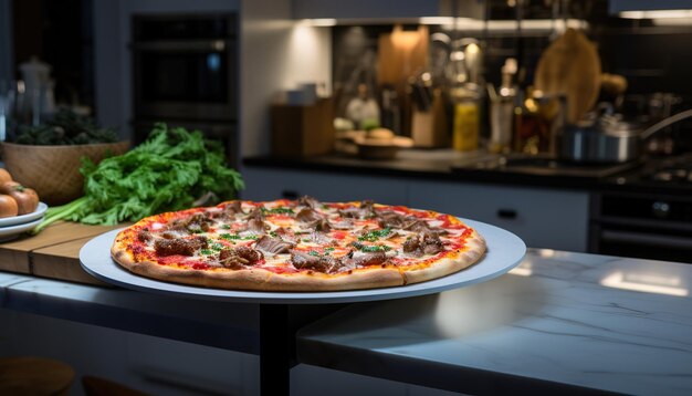 Pizza gourmet en una cocina contemporánea colores vibrantes y bordes crujientes