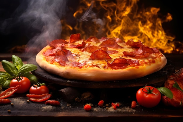 Pizza grande e quente de calabresa com vapor Rede neural gerada em maio de 2023 Não baseada em nenhuma cena ou padrão real