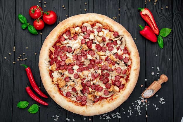 Pizza grande e saborosa com diferentes tipos de carne