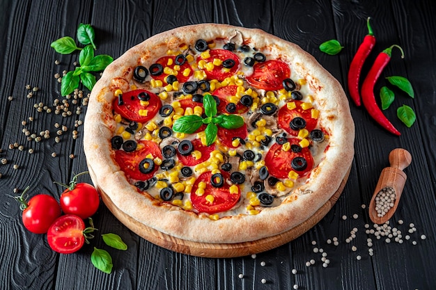 Pizza grande e saborosa com diferentes tipos de carne