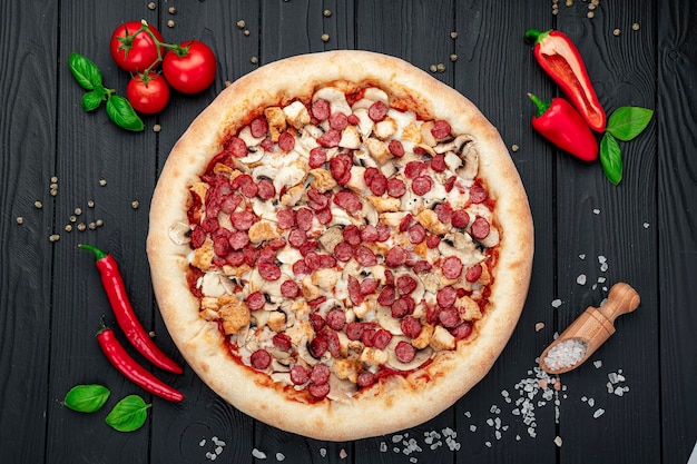 Pizza grande y sabrosa con diferentes tipos de carne.