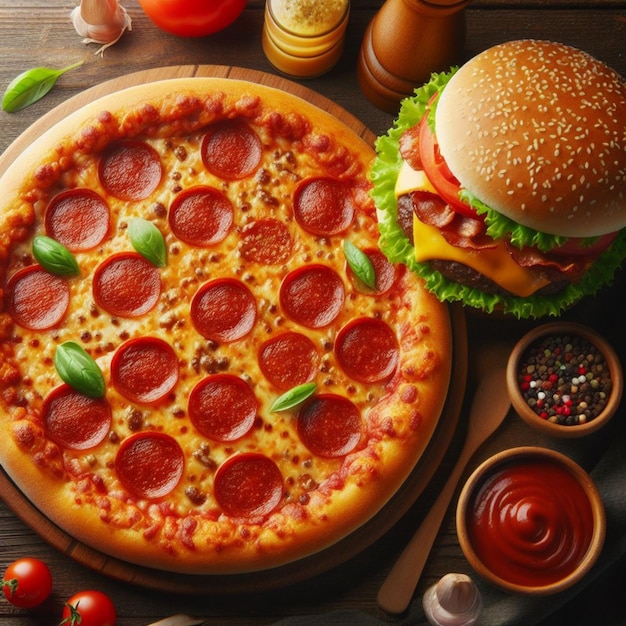 Pizza y hamburguesa foto realista