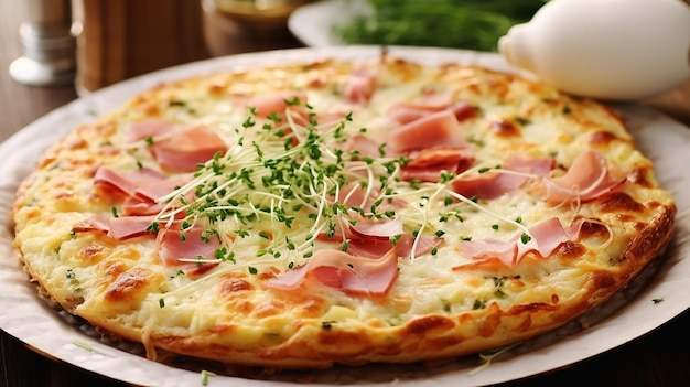 Foto pizza sin harina con jamón y nata