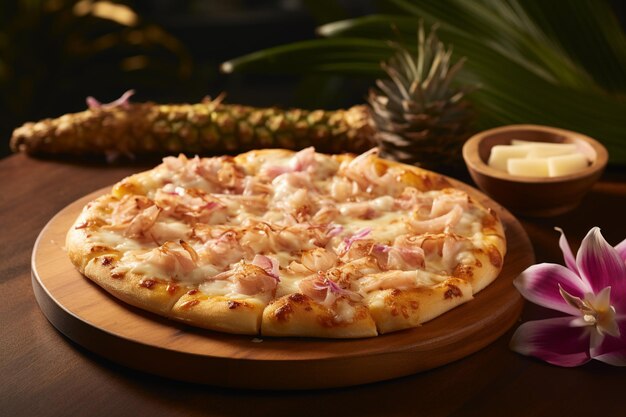 Foto pizza hawaiana artesanal en una bandeja de madera rústica