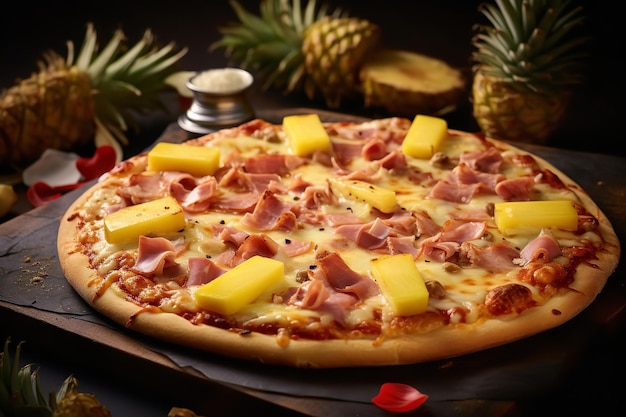 Pizza hawaiana con piña y lonchas de jamón