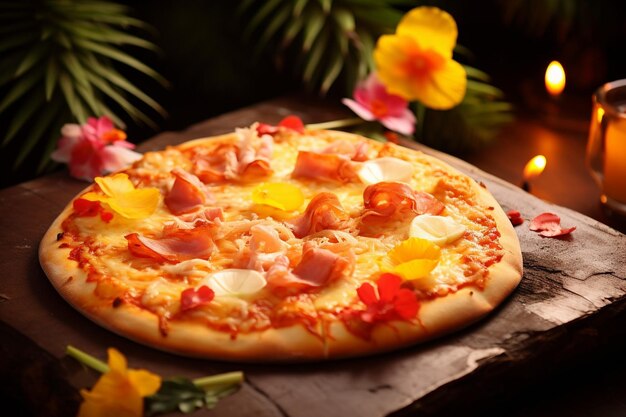 Una pizza hawaiana que se sirve en una fiesta de bebé con temática hawaiana