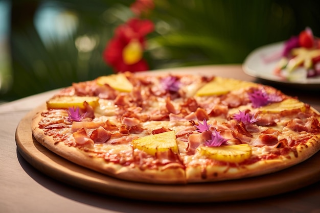 Una pizza hawaiana que se sirve en una fiesta de bebé con temática hawaiana