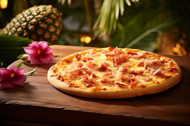 Foto una pizza hawaiana que se sirve en una fiesta de bebé con temática hawaiana