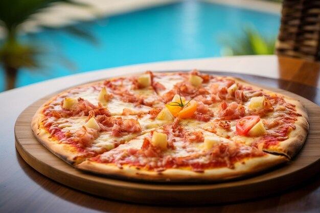 Una pizza hawaiana que se sirve en una fiesta de bebé con temática hawaiana