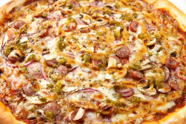Pizza-Hintergrund-Makroaufnahme von würziger italienischer Pizza