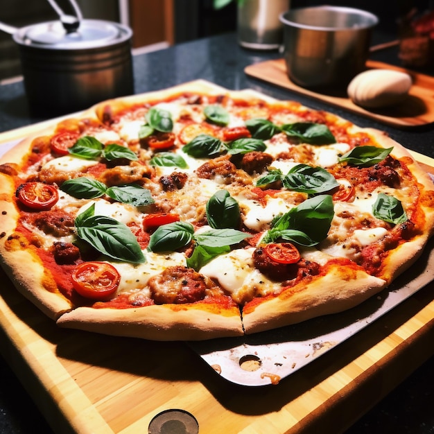 Una pizza con hojas de albahaca y salsa de tomate