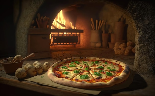 Una pizza en un horno de leña con un fuego de fondo. comida tradicional italiana ai generada