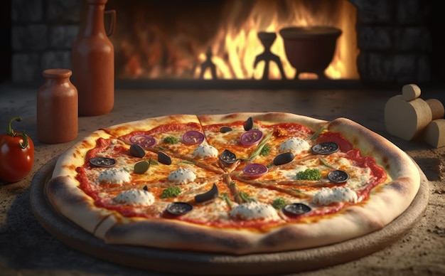 Una pizza en un horno de leña con un fuego de fondo. Comida tradicional italiana. IA generado