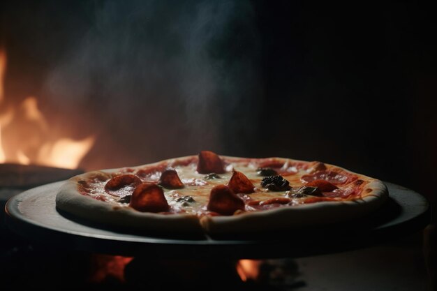 Una pizza en un horno de pizza con un fuego de fondo.