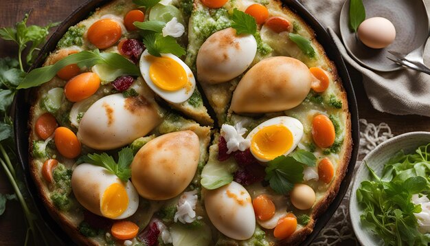 una pizza con huevos y espinacas