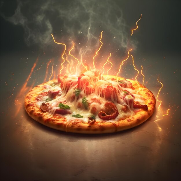 Foto pizza con humo y efecto de relámpago