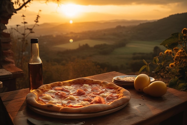 Pizza italiana con un ai generativo de fondo de puesta de sol de naturaleza italiana