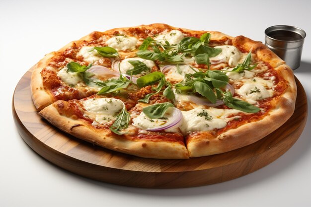 Pizza italiana casera fresca margherita con mozzarella de búfalo y albahaca sobre un fondo blanco
